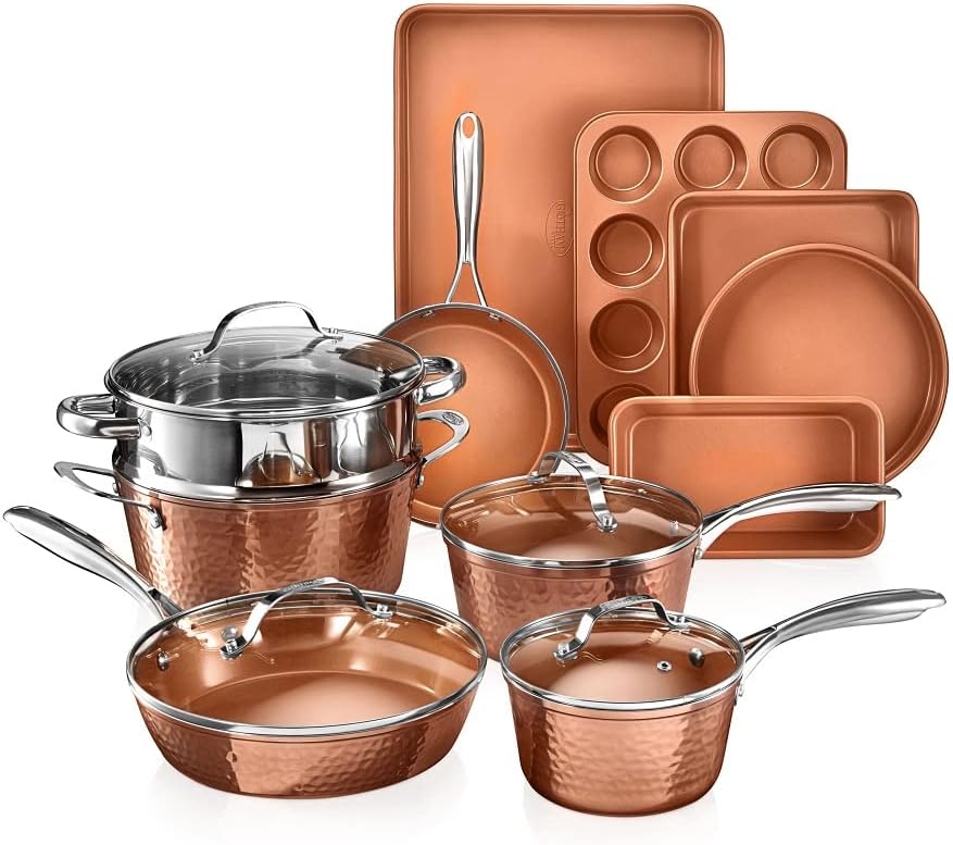 Gotham Steel 15 Pc Hammered Copper Pots and Pans Set Nonstick Cookware Set,