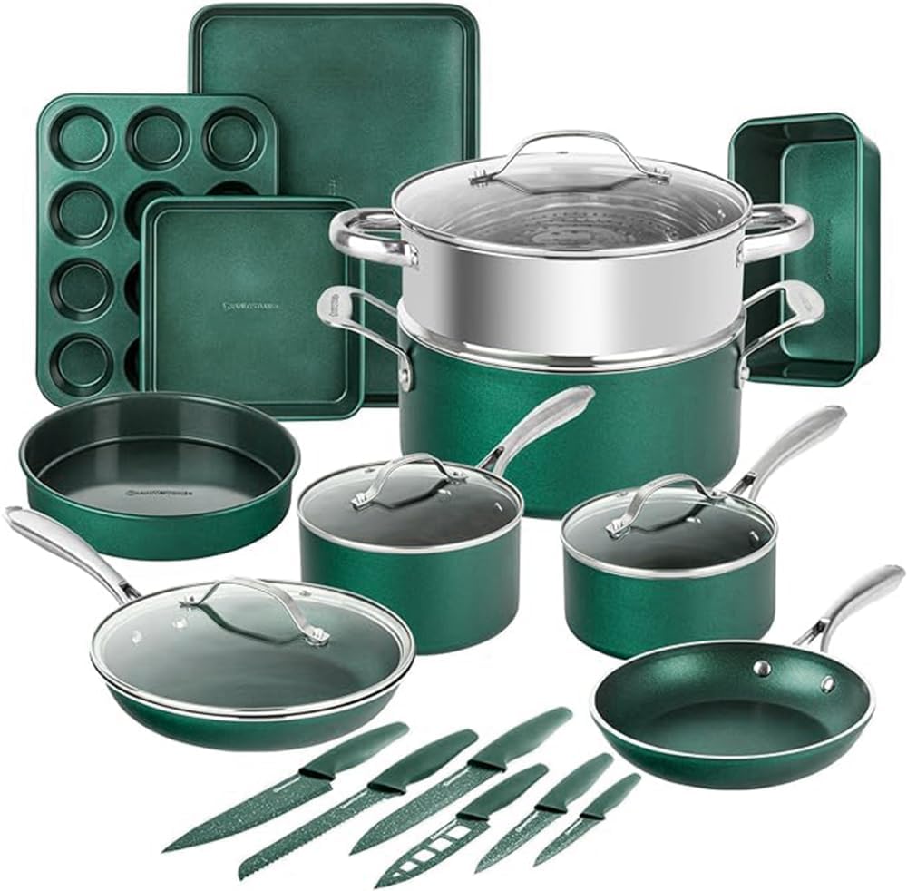 Granitestone 21 Pc Pots and Pans Set Non Stick Cookware Set with 6 Pc Kitchen Knifes Set, Kitchen Cookware Sets, Diamond Coated Nonstick Cookware with Lids,...
