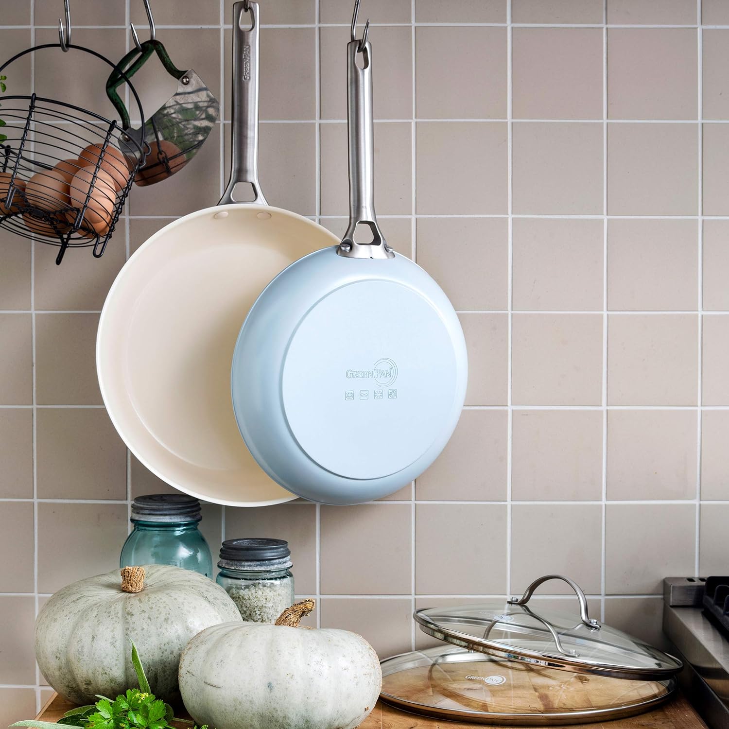 GreenPan Padova Hard Anodized Healthy Ceramic Nonstick, 8 and 10 Frying Pan Skillet Set, PFAS-Free, Dishwasher Safe, Light Blue