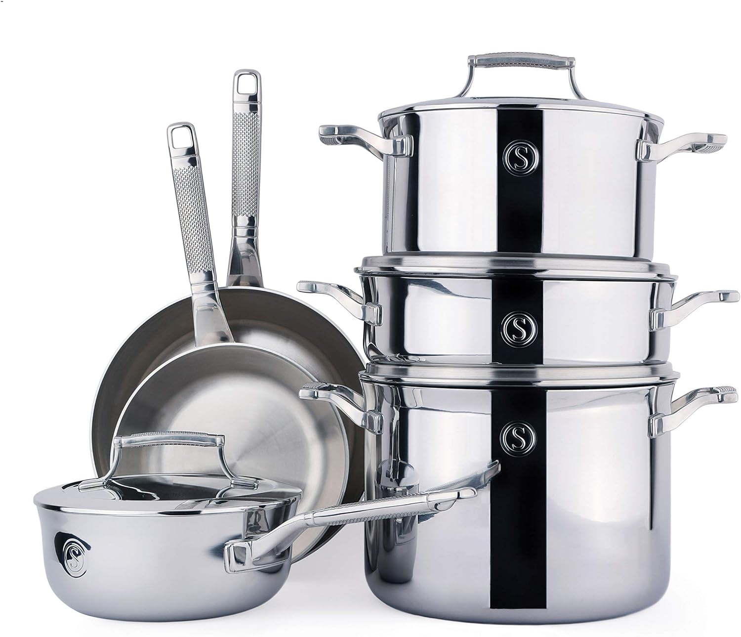 SAVEUR SELECTS 10-piece Tri-ply Stainless Steel Cookware Set, 6 Essential Pots and Pans, 4 Interchangeable Lids, Induction-ready, Dishwasher Safe, Voyage Series