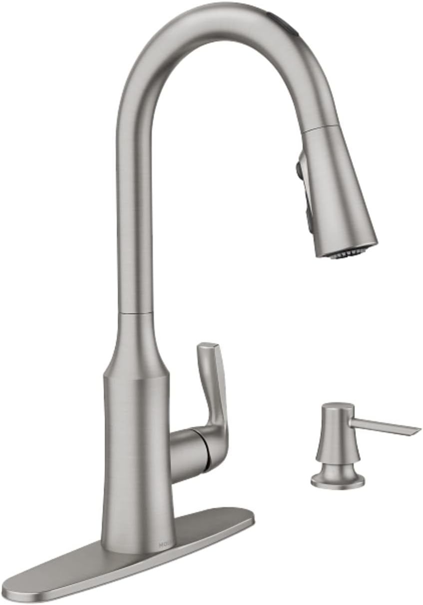 Moen Cadia Smart Kitchen Faucet with soap Dispenser- Brushed Nickel- pulldown touchless Voice Control -Compatible with Alexa & Google Moen Cadia Smart Kitchen Faucet with soap Dispenser- Brushed Nickel- pulldown touchless Voice Control -Compatible with Alexa & Google