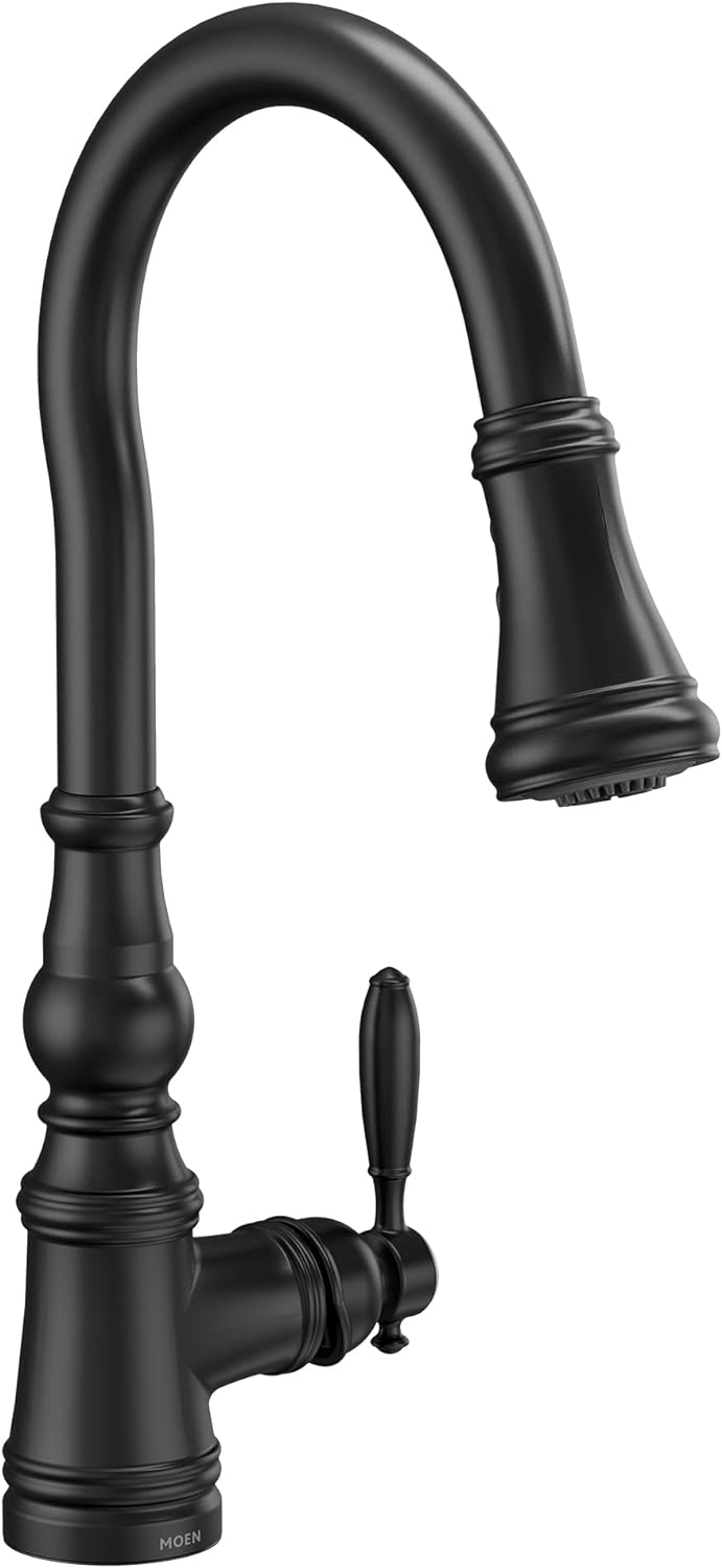<br>Moen S73004BL Weymouth Shepherd's Hook Pulldown Kitchen Faucet