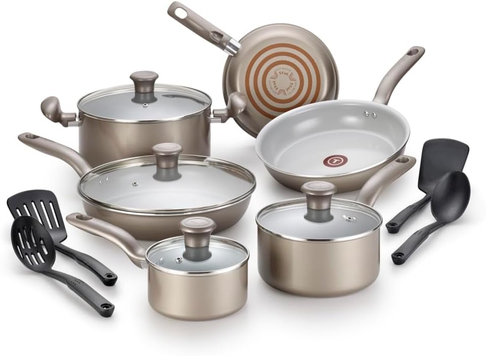 T-Fal Initiatives Ceramic Nonstick Cookware Set 14 Piece <br><br>